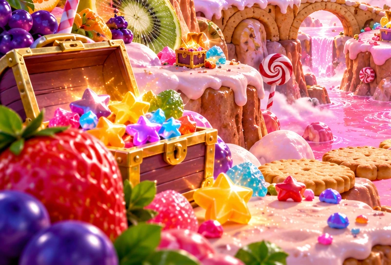Glossy candy layers inspire a short, steady stacking activity.