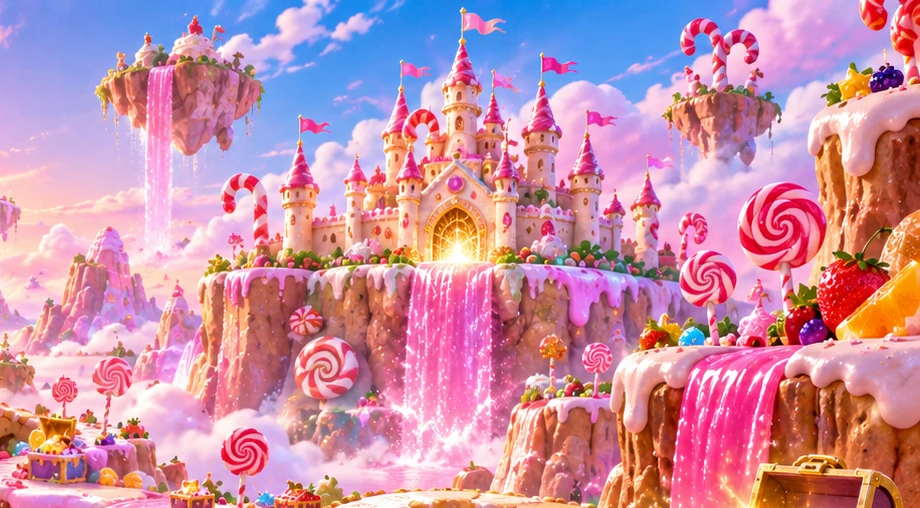 The frosting castle above the caramel cliffs and candy falls