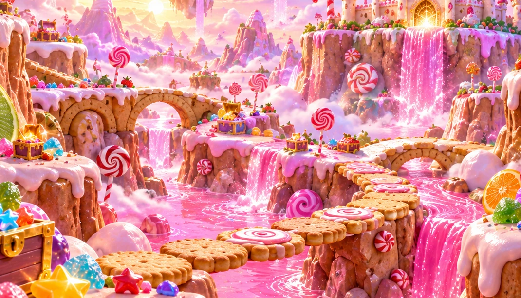 Wafer stepping stones and candy bridges across the caramel landscape