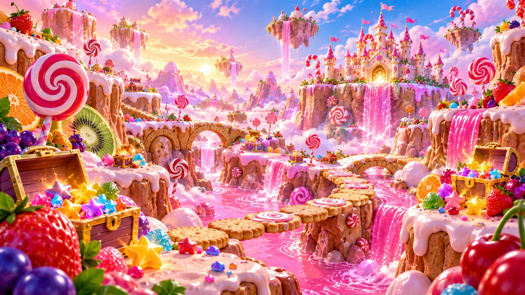 A candy kingdom with caramel cliffs, wafer bridges, colourful treasure and pink waterfalls